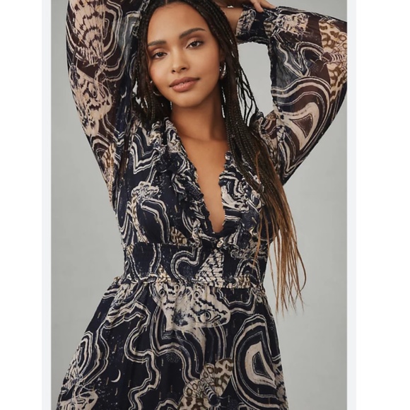 NEW Printer Johnson Long-Sleeve V-Neck Textured Midi Dress - Picture 3 of 9